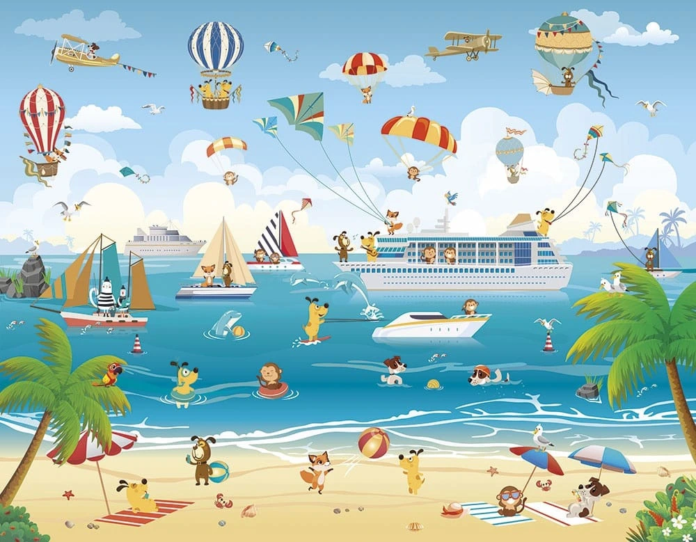 Фотообои на стену - пляж, море, корабли, парашуты, в детскую комнату