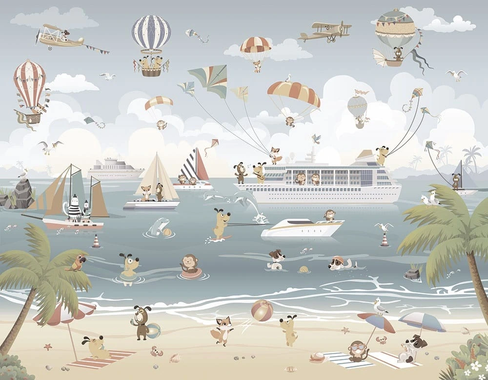 Фотообои на стену - пляж, море, светлые, серые, парашюты, корабли, паруснки, в детскую комнату