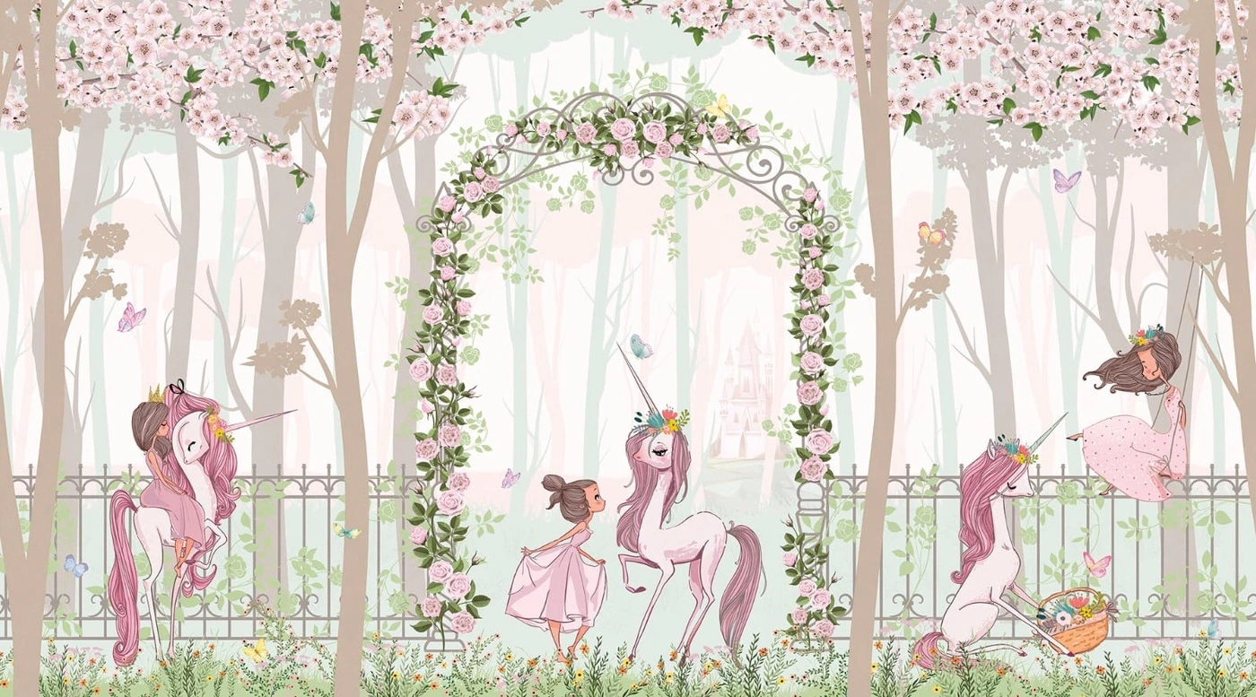 Фотообои на стену - единорог, единороги, в детскую комнату, в постельных тонах, девочке на стену, розовые, волшебный парк, парк с единорогами