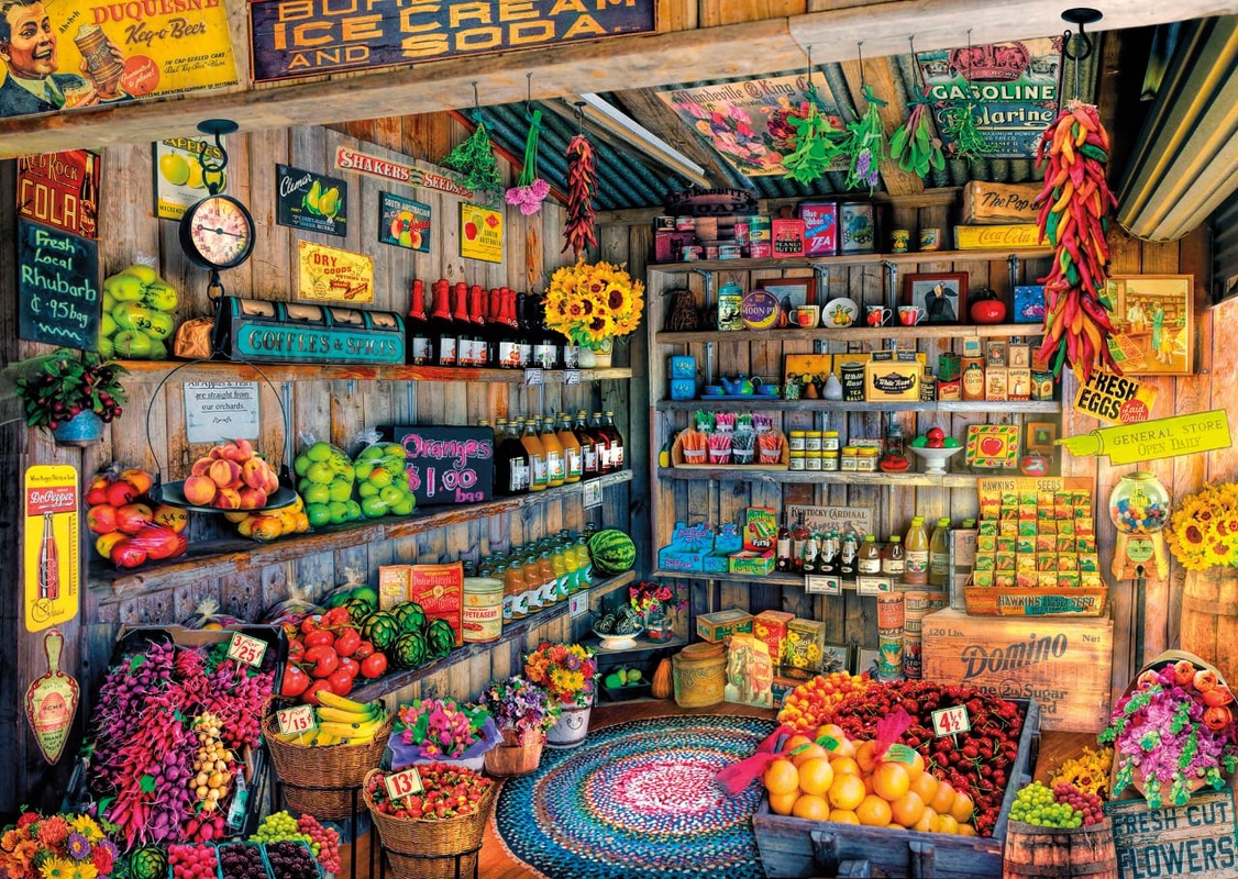 Фотообои и фрески на стену - продуктовый магазин, полки с продуктами, в детскую комнату, разноцветные, продукты