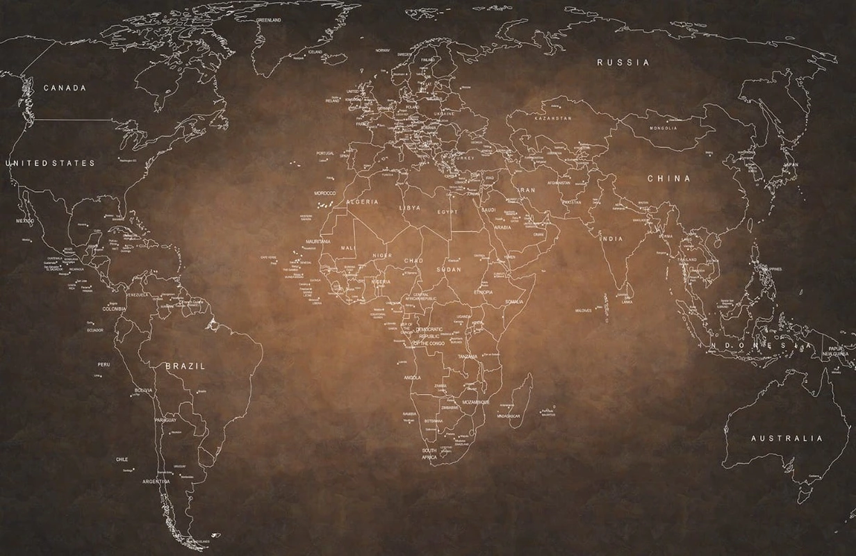 Фотообои на стену - наши работы, карта мира политическая, в офис, в кабинет, коричневые