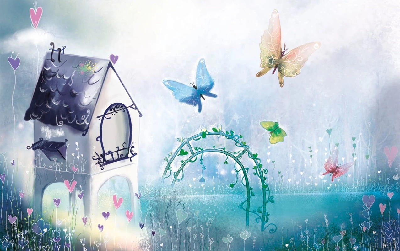 Фотообои на стену - обои сказочного домика, бабочки, в детскую комнату, сказочные