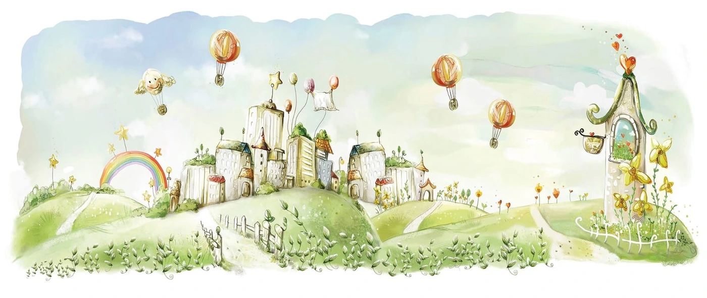 Фотообои на стену - город, детские обои город, обои фрески детский город, светлые, нежных цветов