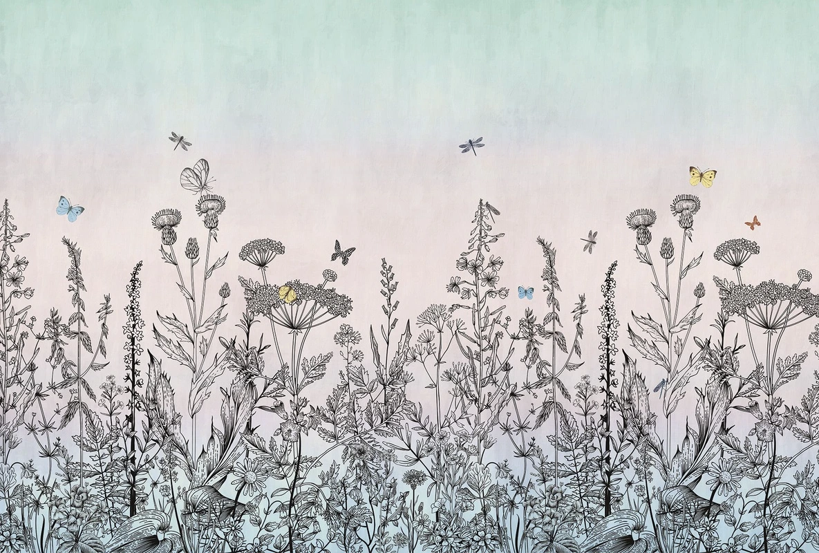 Фотообои на стену - цветы, градиент, ботаника, черные контуры, бабочки, растения, полевые цветы, пастельные, природа, нежные, розово-голубые