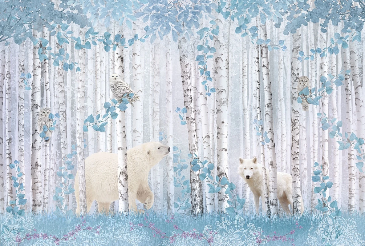 Фотообои на стену - медведь, волк, сова, лес, берёзы, голубые листья, сказочные, животные, зимний лес, бело-голубые