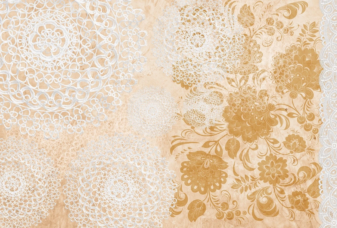 Фотообои на стену - кружево, вензеля, хохлома, гжель, узоры, салфетки, цветочный орнамент, этнические, декоративные, бежевые