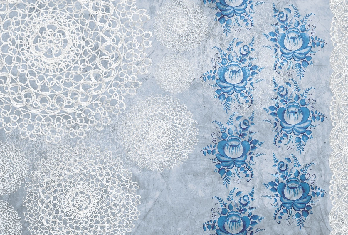 Фотообои на стену - кружево, вензеля, гжель, узоры, салфетки, цветочный орнамент, этнические, декоративные, голубые