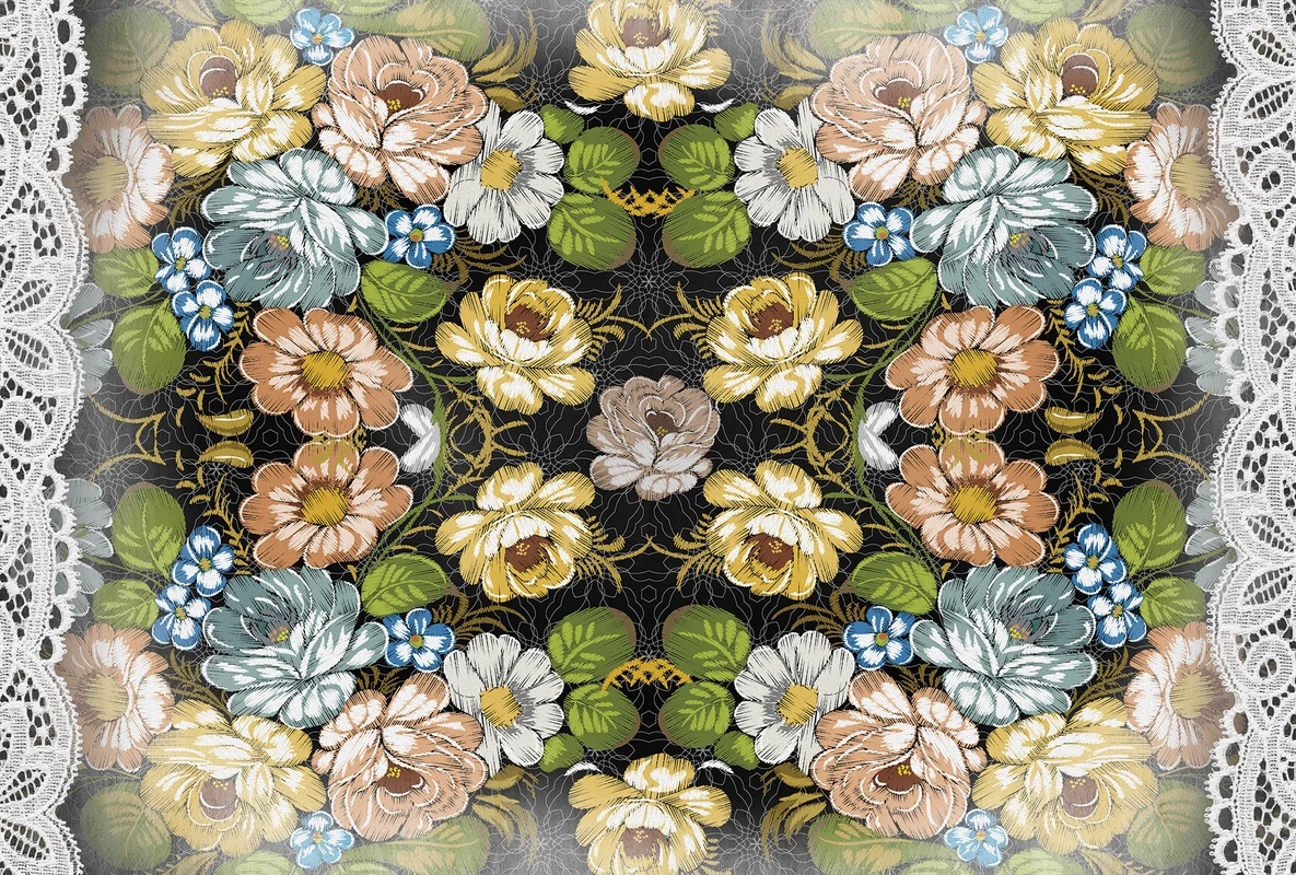 Фотообои на стену - вышивка, цветы, черный фон, кружево, народный орнамент, этнические, гобелен, симметрия, узоры, декоративный текстиль