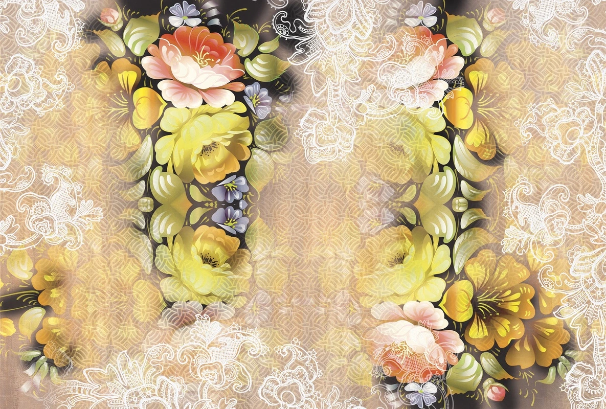 Фотообои на стену - цветы, желтые цветы, народный орнамент, этнические, вышивка, кружево, декоративный узор, черный фон, симметрия, яркие цвета