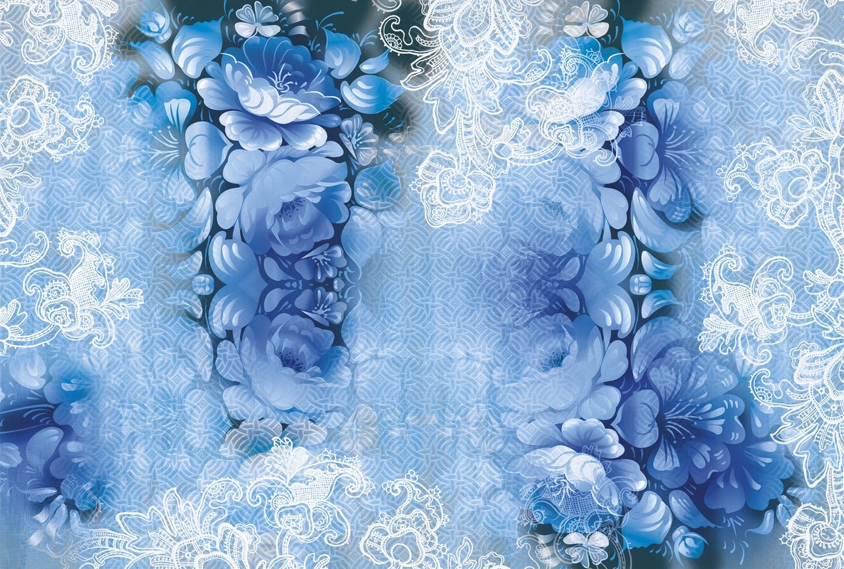 Фотообои на стену - цветы, синие, орнамент, этнические, вышивка, кружево, декоративный узор, голубые, симметрия, традиционный стиль