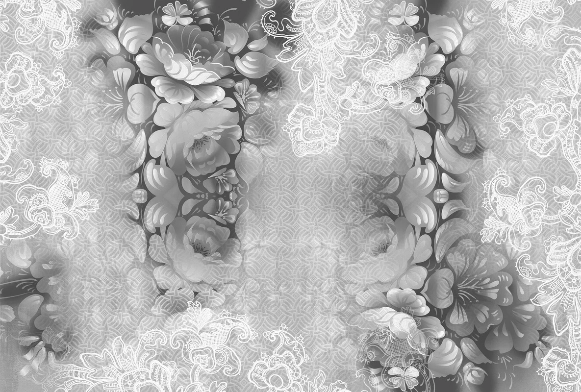 Фотообои на стену - цветы, серые, орнамент, этнические, вышивка, кружево, декоративный узор, симметрия, традиционный стиль