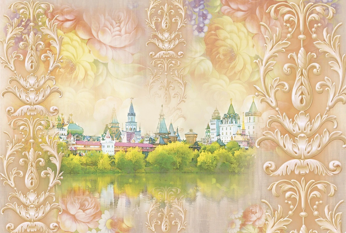 Фотообои на стену - Измайловский кремль, отражение в воде, нежные цветы, архитектура, узоры, купола, башни, пейзаж, пастельные, декоративные, Москва