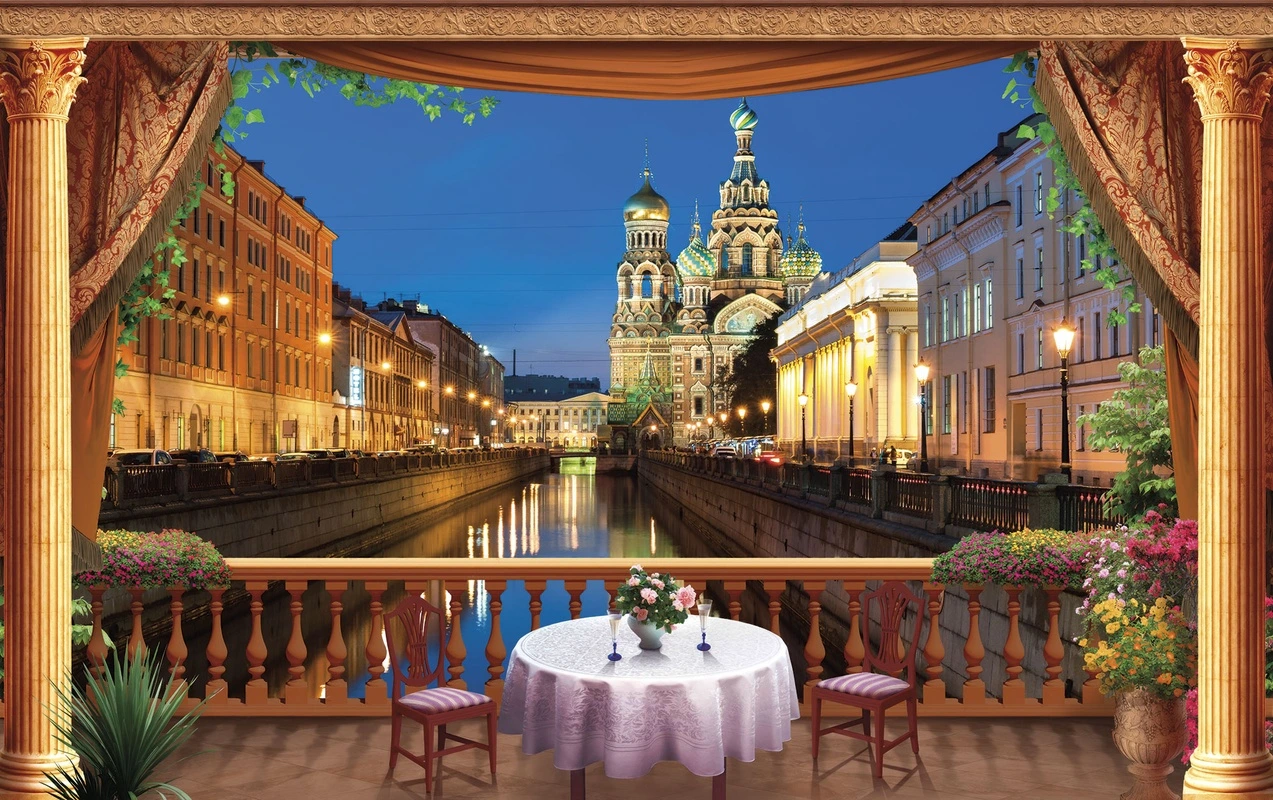 Фотообои на стену - Петербург, вечер, ресторан, канал, собор, балкон, ужин, романтика, огни, архитектура, купола, панорама, уют, фонари, мост, цветы