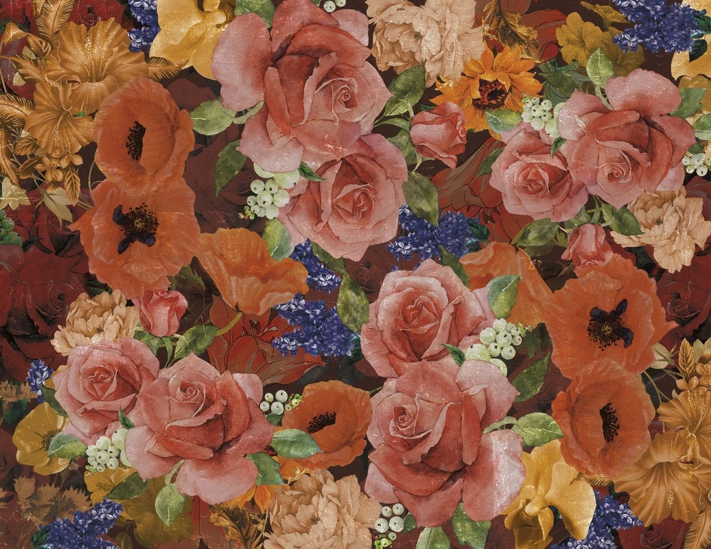 Фотообои на стену - розы, маки, красные цветы, ретро, живопись, тёмный фон, цветочный узор, букет, насыщенные цвета, флористика