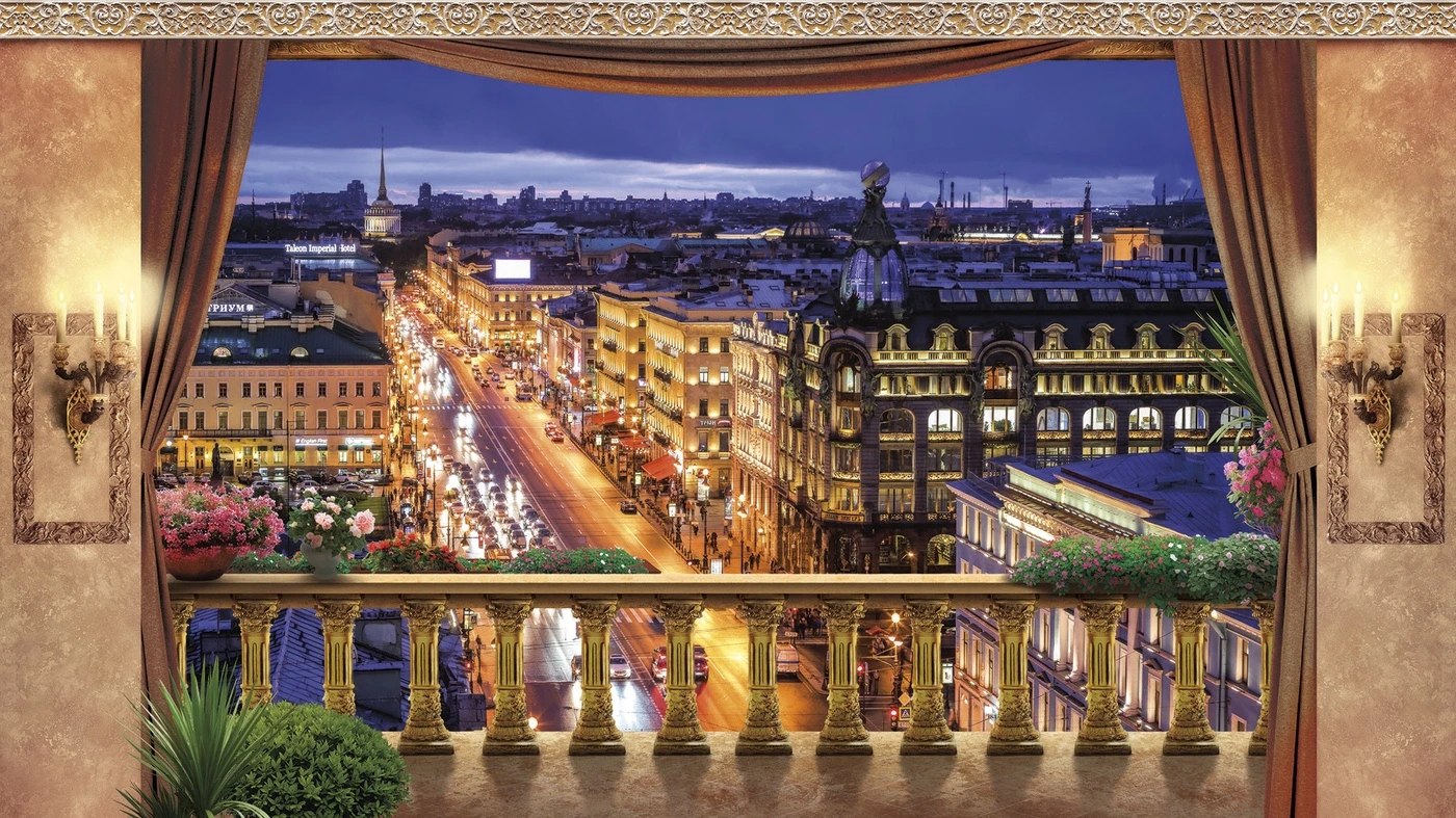 Фотообои на стену - санкт-петербург, невский проспект, зингер, городской пейзаж, вид с балкона, вечерний город, огни, архитектура, панорама, улица, ночной город