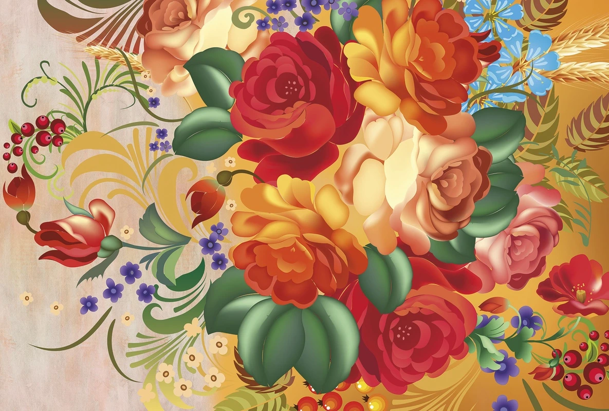 Фотообои на стену - цветы, красные, оранжевые, жёлтые, народные, яркие, узор, векторные, листья, роспись, традиционные, ягоды, декоративные