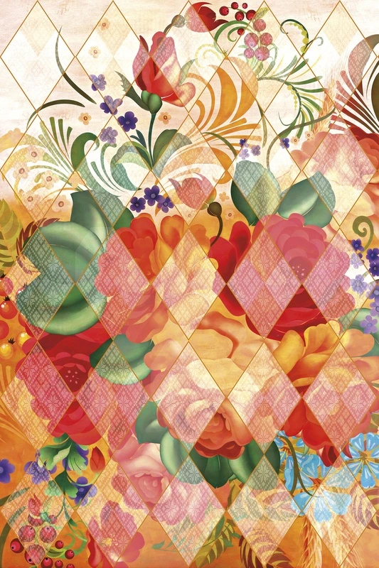 Фотообои на стену - цветы, ромбы, красные, народные, розы, орнамент, жёлтые, оранжевые, зелёные листья, ягоды, роспись, узорчатые, синие, декоративные