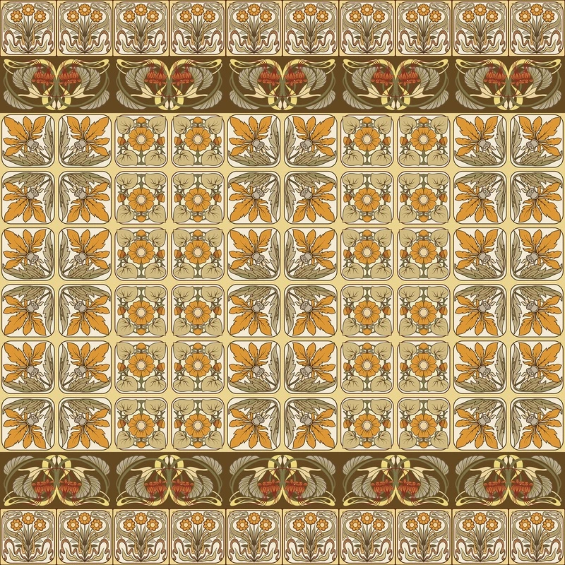 Фотообои на стену - декоративные, цветочные, ретро, винтажные, геометрические, симметричные, оранжевые цветы, жёлтые цветы, узорчатые, плитка, орнамент, традиционные