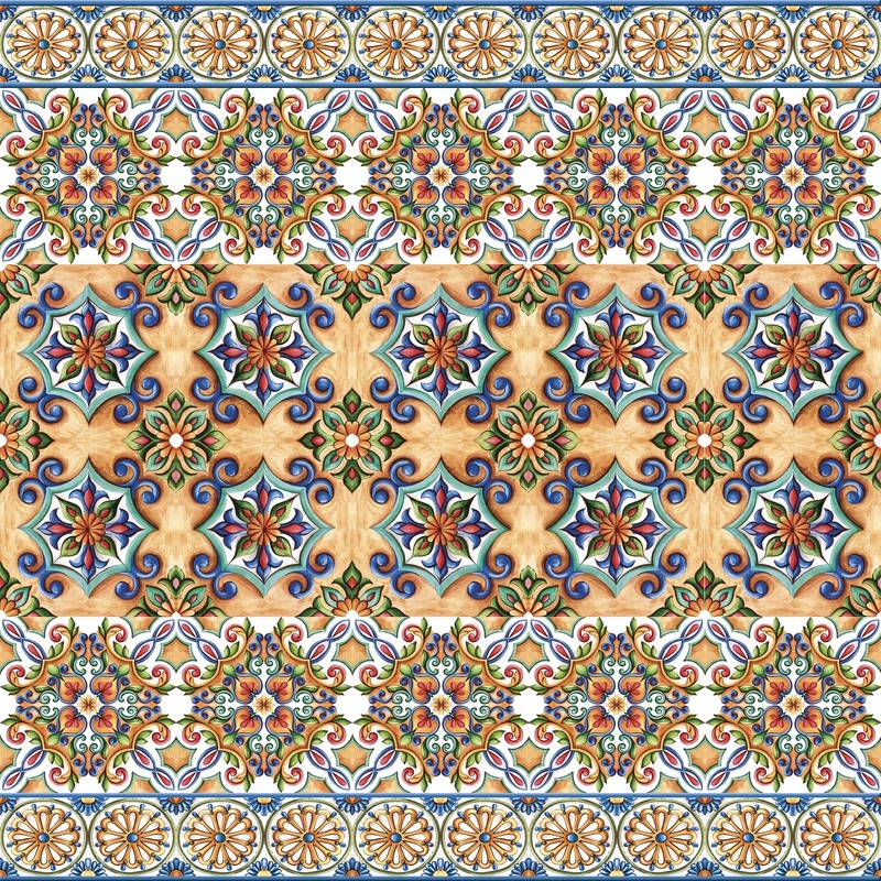 Фотообои на стену - майолика, средиземноморские, испанские, итальянские, узорчатые, плитка, симметричные, терракотовые, синие, цветочные, винтажные, декоративные