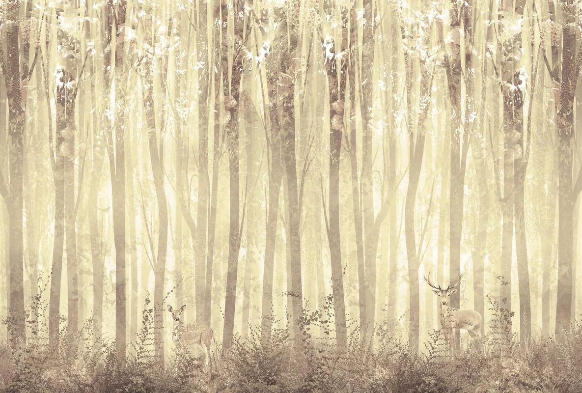 Фотообои на стену - лес, олени, цветы, туман, пастельные, природа, светлые, волшебные, сказочные