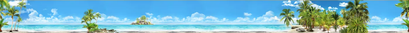 Фотообои и фрески на стену - волны, деревья, небо, песок, горизонт, голубые, пляж, облака, зеленые, пальмы, море, остров
