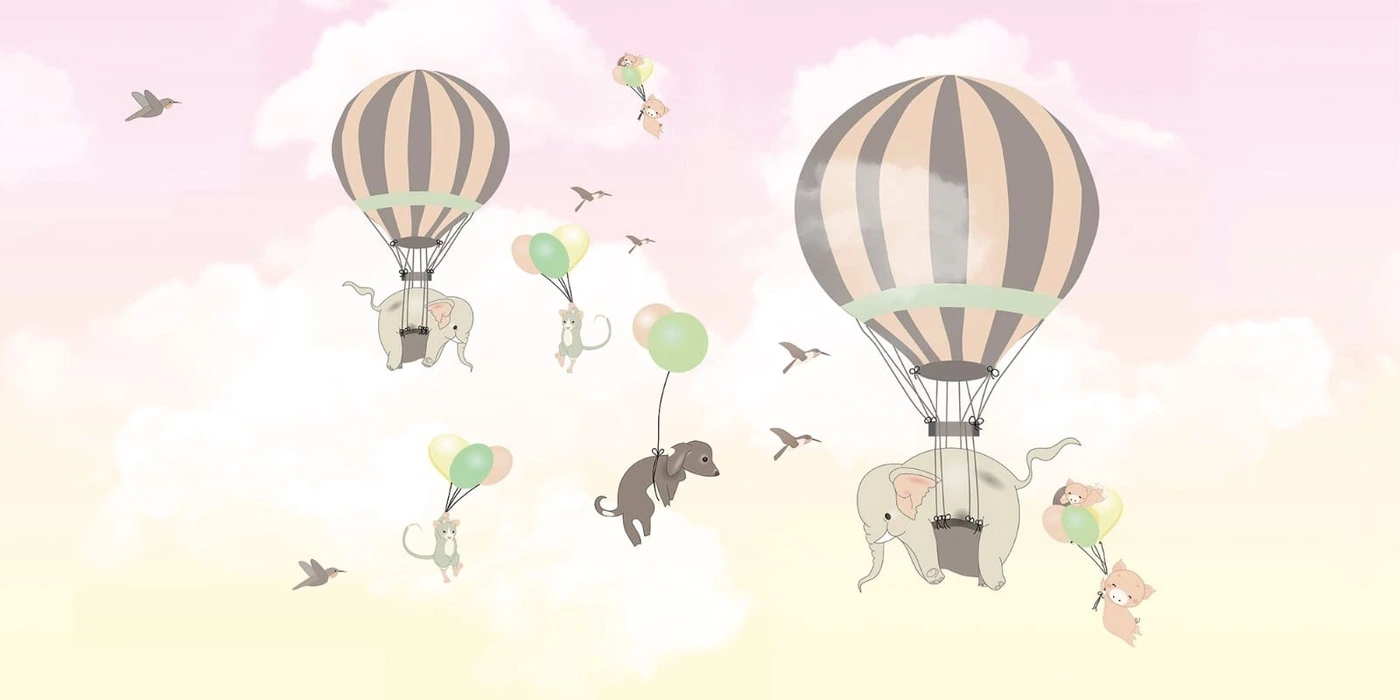 Фотообои на стену - воздушные шары, шары на обои, в детскую комнату, обои со зверями, живые обои звери, с воздушными шарами