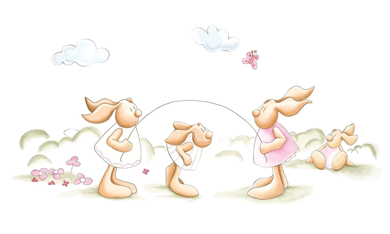 Фотообои на стену - зайки, скакалка, в детский садик, в детскую комнату, светлые в детскую