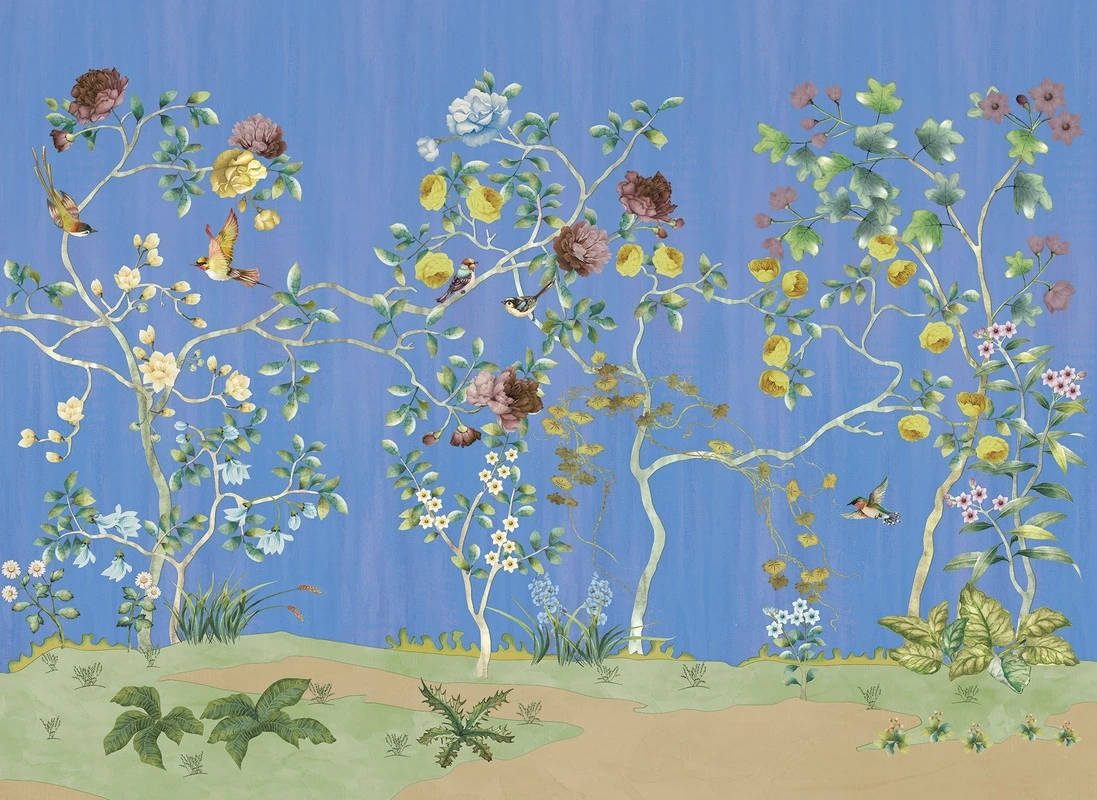 Фотообои на стену - цветы, деревья, птицы, ботанические, флористические, весенние, китайские, акварельные, яркие, синие