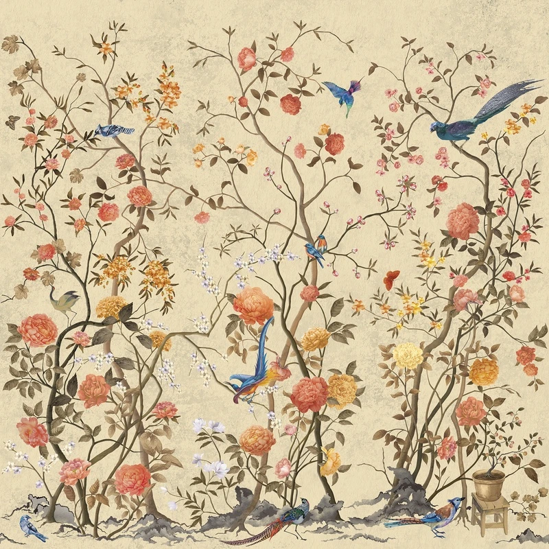 Фотообои и фрески на стену - птицы, цветы, китайские, цветущие деревья, бежевые, розовые, живопись, ботаника, весна, традиционные, китайская роспись, флористика