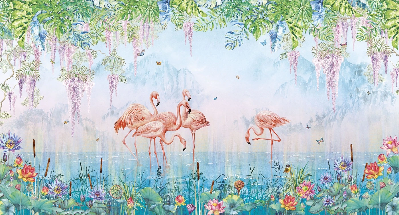 Фотообои и фрески на стену - фламинго, экзотические, водоём, тропики, лотосы, цветы, бабочки, джунгли, розовые птицы, живопись, яркие, пейзаж, природа