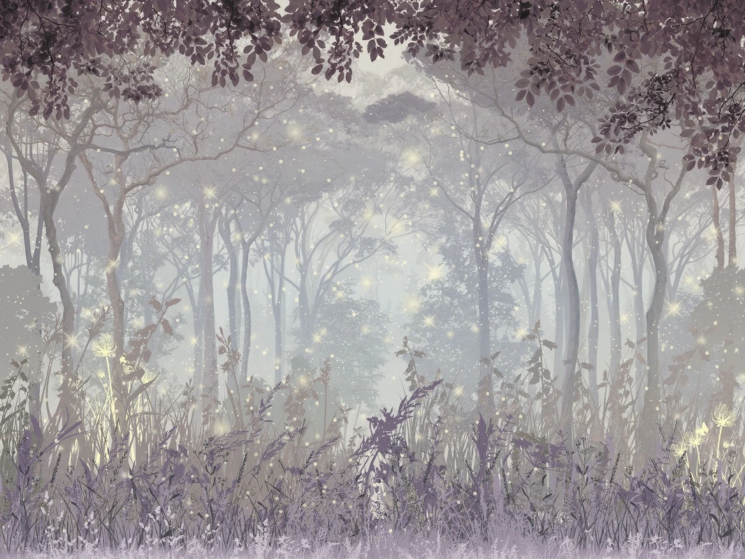 Фотообои на стену - волшебный лес, лесная поляна, светлячки, фэнтези, сказочные, туманный лес, сверкающие огоньки, утро в лесу, сияние, магия, пастельные оттенки, фиолетовые листья, глубина, природа