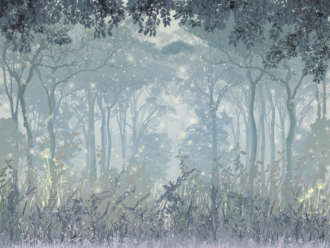 Фотообои на стену - волшебные, лесная поляна, светлячки, сияние, лес в тумане, природа, магия, фантазия, пастельные, синеватые тона, фэнтези, утро в лесу, мерцание, сказочные