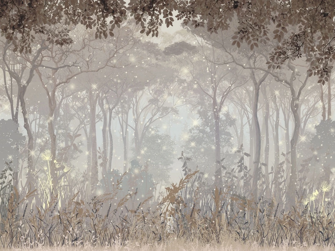 Фотообои на стену - волшебные, туманный лес, светлячки, сияние, лесная чаща, сказочные, природа, магия, фэнтези, рассвет в лесу, таинственный лес, лесная поляна, мерцающие огоньки, пастельные оттенки