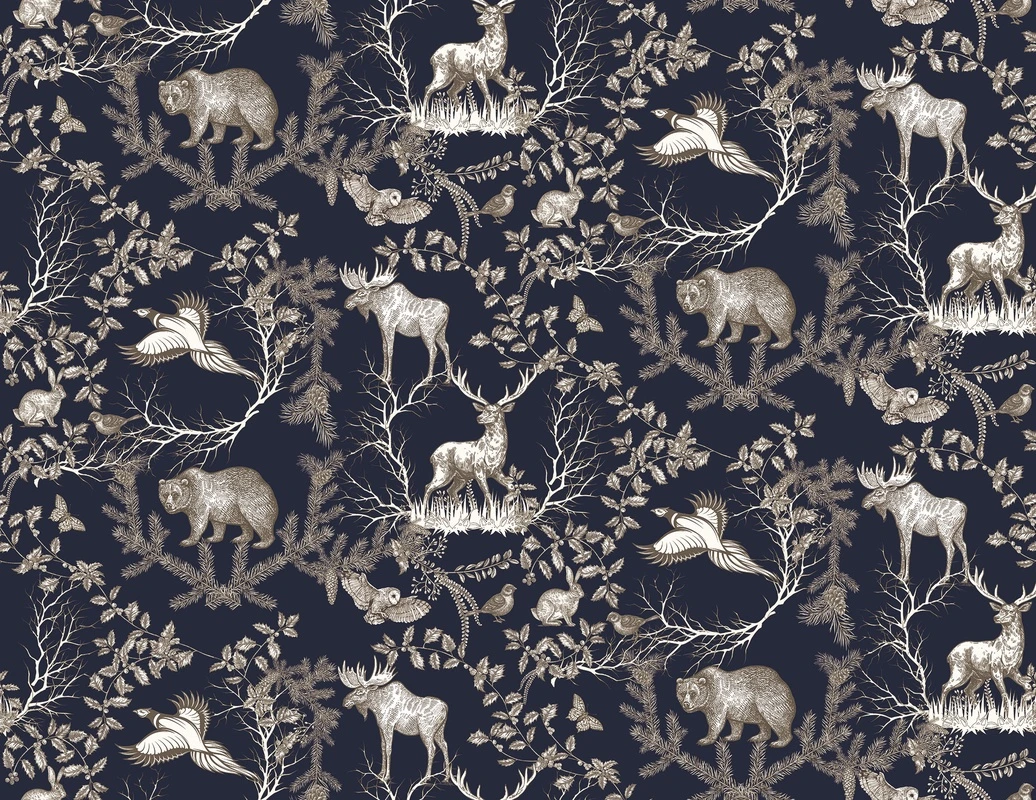 Фотообои на стену - лес, олень, медведь, филин, птицы, деревья, ветки, хвоя, тёмный фон, рисунок, природа, звери, орнамент