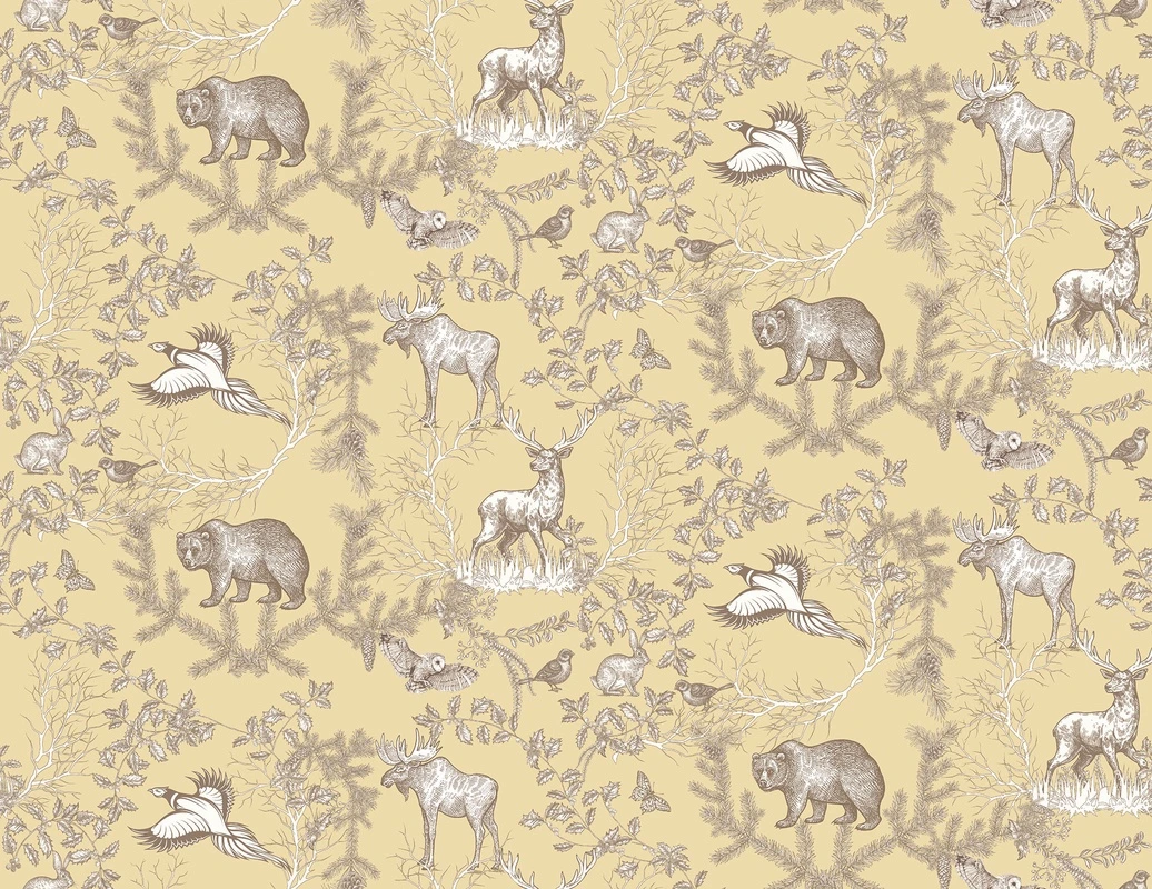 Фотообои на стену - лес, олень, медведь, филин, птицы, заяц, деревья, ветки, хвоя, жёлтый фон, природа, животные, узор