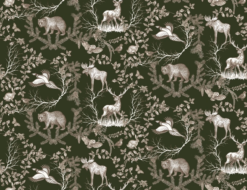 Фотообои на стену - медведь, олень, лось, заяц, птицы, сова, ветки, листья, природа, лес, зелёные