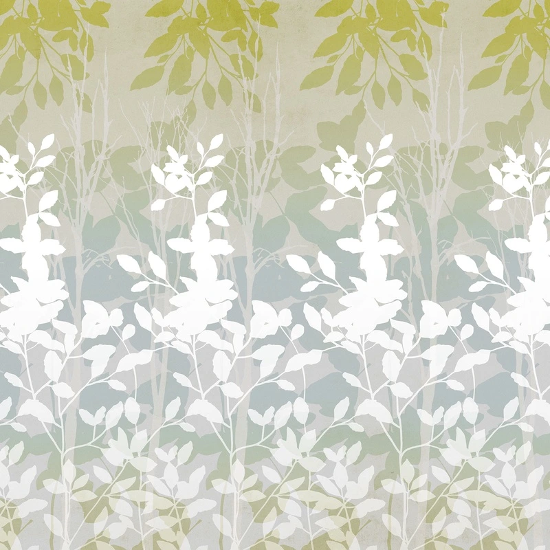 Фотообои на стену - листья, силуэты, градиент, зелёные, белые, серые, фон, природа, ботаника, узор