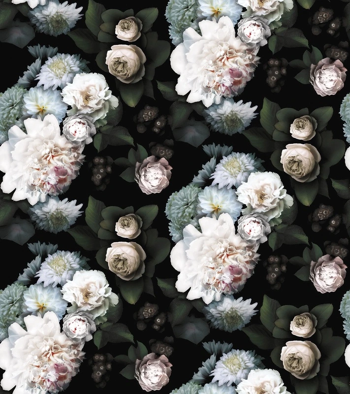 Фотообои на стену - цветы, пионы, розы, георгины, листья, ягоды, белые, голубые, кремовые, черный фон, узор, повтор