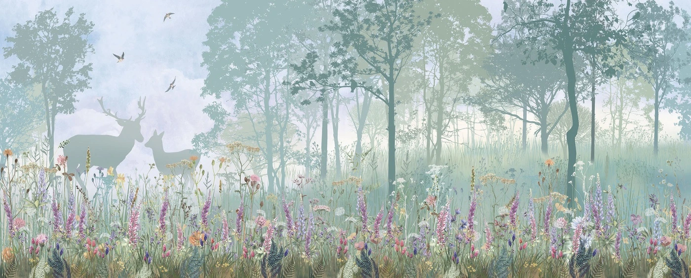Фотообои на стену - лес, деревья, туман, трава, цветы, олени, птицы, поле, силуэты, лесная опушка, лето