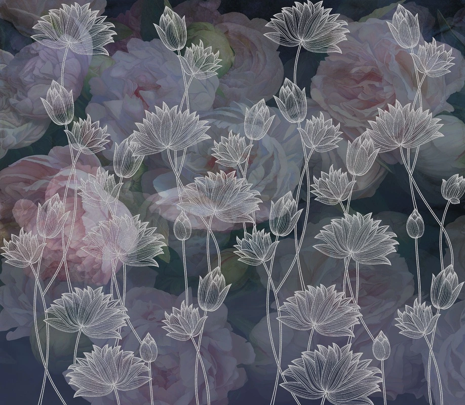 Фотообои и фрески на стену - лотосы, розы, бутон, темный фон, цветы, силуэты, узор, флора, графика