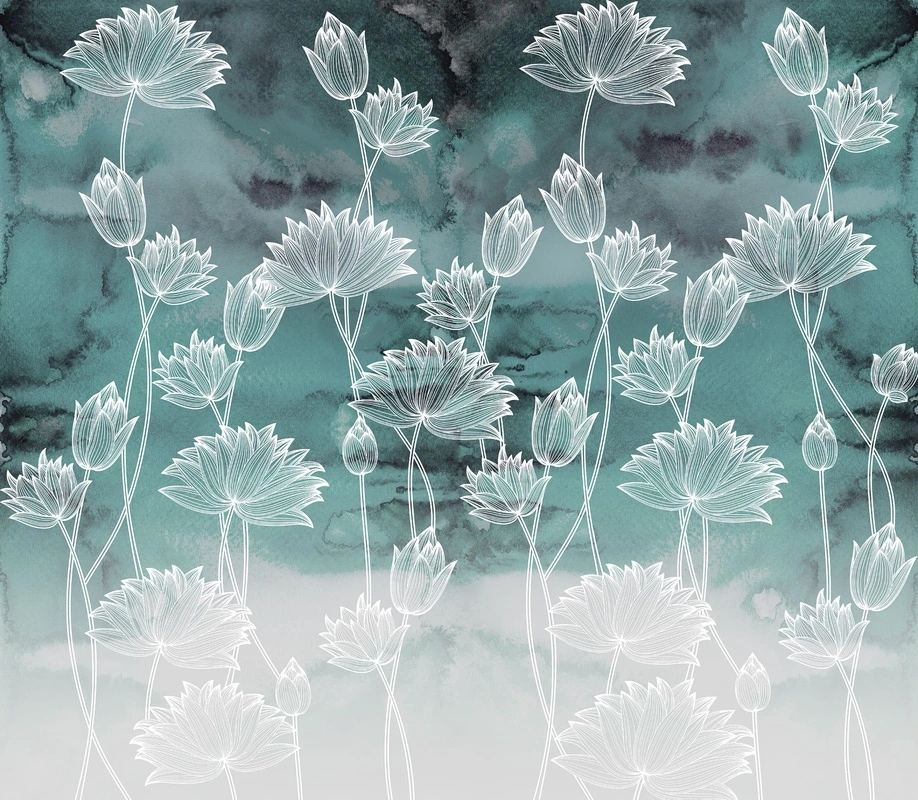 Фотообои и фрески на стену - лотосы, акварель, бирюзовый фон, бутон, белые цветы, графика, вертикальный узор, флора, силуэты