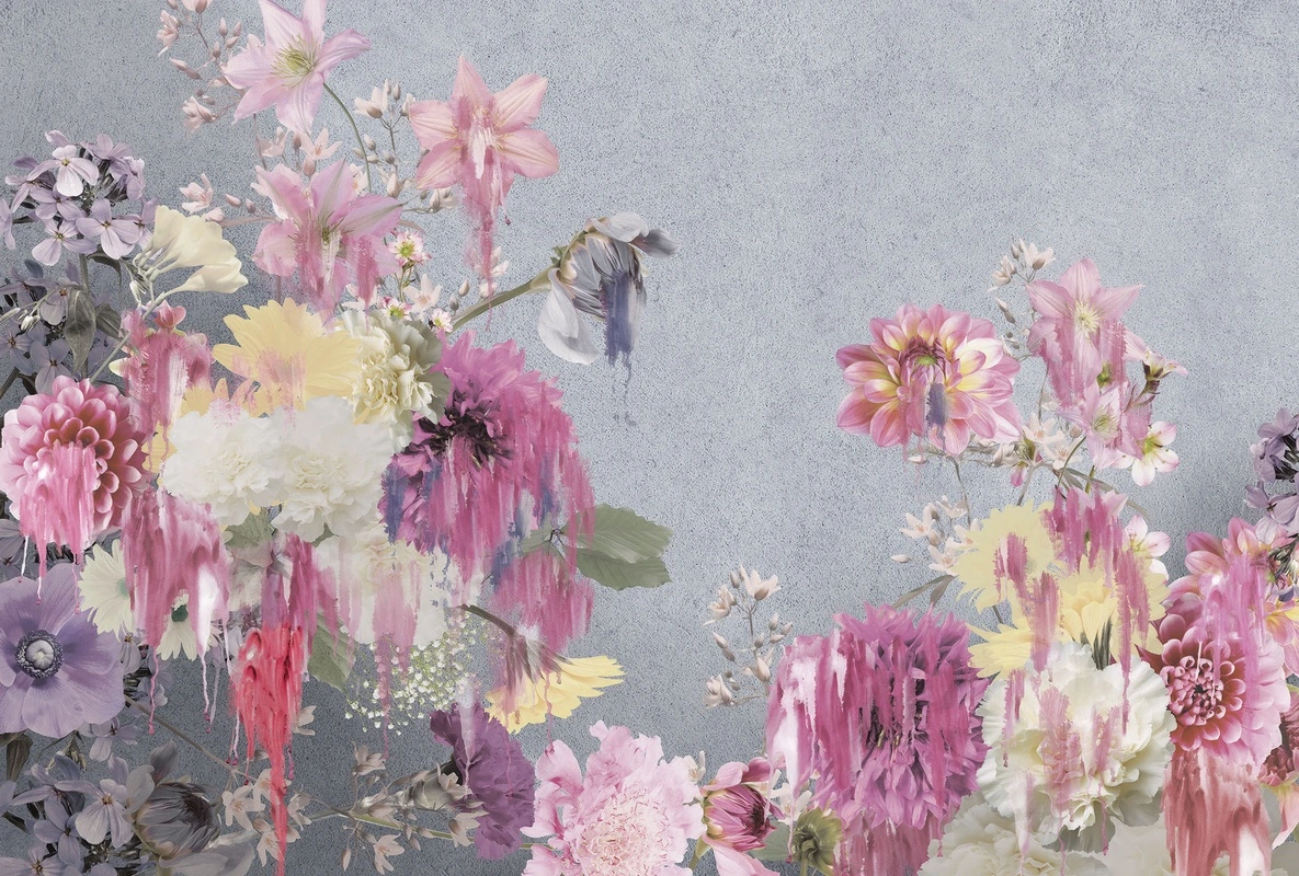 Фотообои на стену - цветы, серый фон, розовые цветы, белые цветы, желтые цветы, анемоны, пионы, живопись, цветочный букет, капли краски