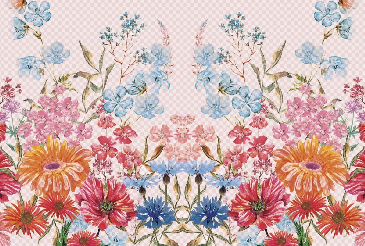 Фотообои на стену - цветы, акварель, васильки, герберы, оранжевые цветы, синие цветы, розовые цветы, красные цветы, прозрачный фон, флора, букет