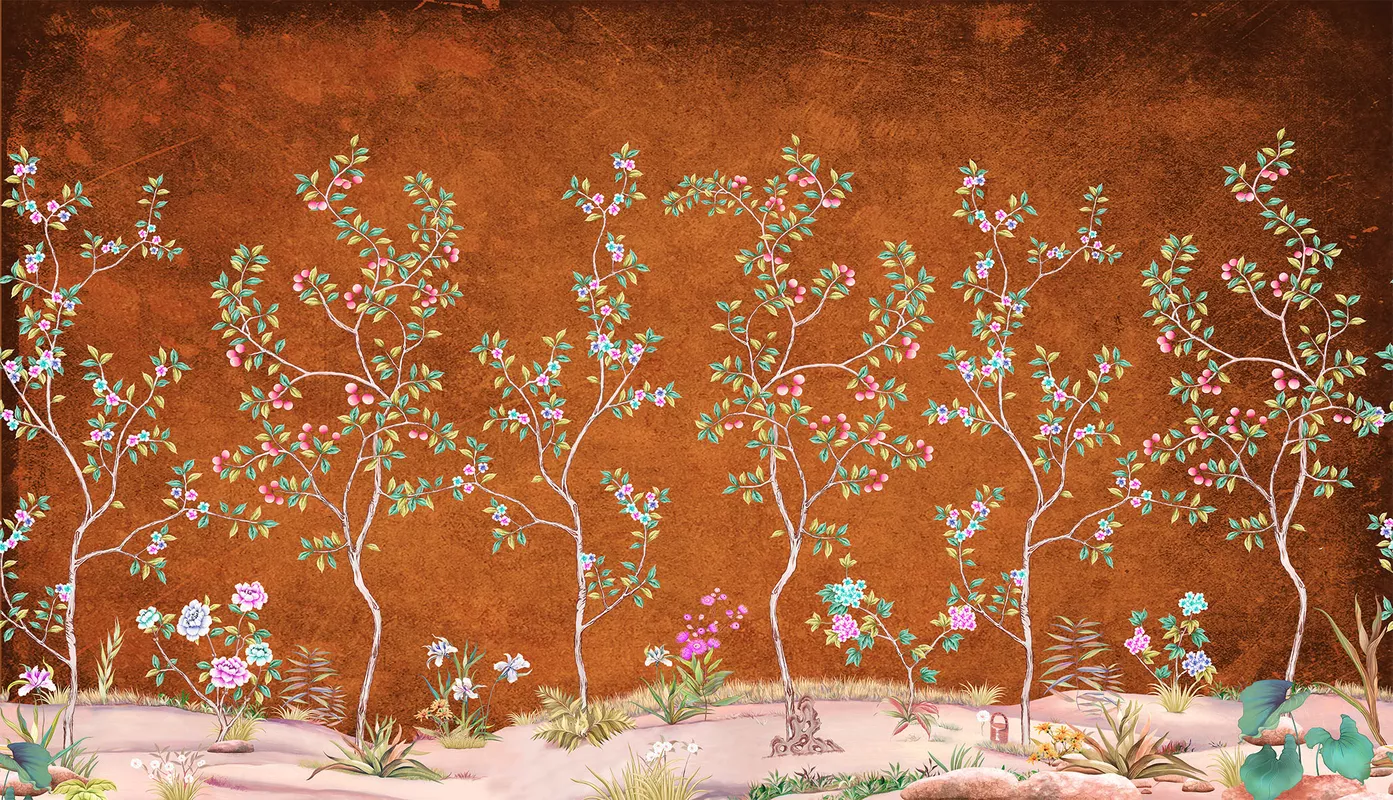 Фотообои и фрески на стену - вишня, цветы, оранжевые, шинуазри, зеленые