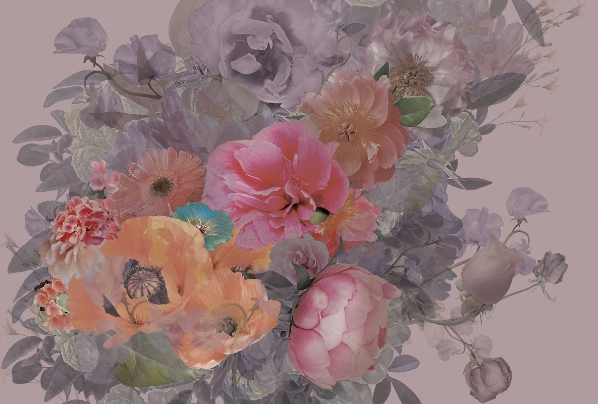 Фотообои на стену - цветы, букет, маки, пионы, розы, герберы, флора, розовый фон, лепестки, бутон, садовые цветы