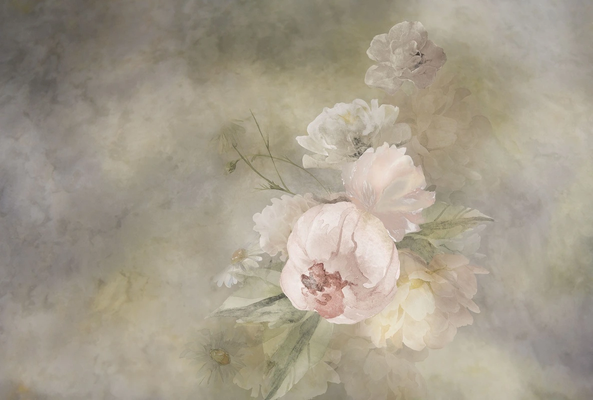 Фотообои на стену - цветы, пионы, ромашки, акварель, пастельные тона, букет, лепестки, бежевый фон, флора, ботаническая иллюстрация