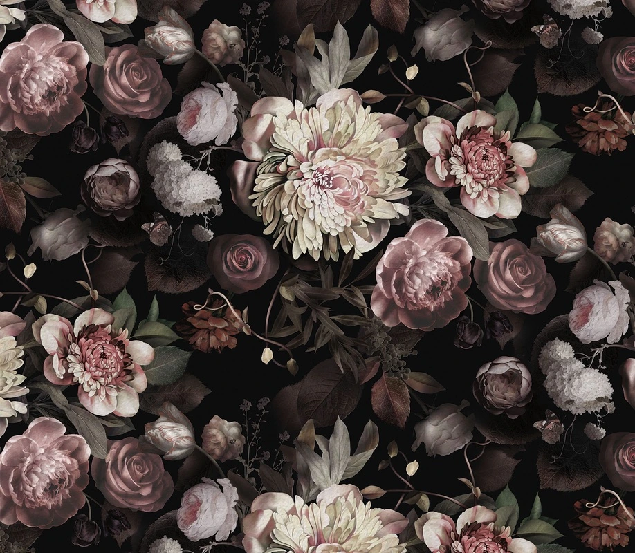 Фотообои на стену - цветы, пионы, розы, хризантемы, лепестки, зелень, бордовые, бежевые, тёмный фон