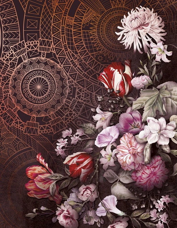 Фотообои на стену - цветы, тёмные, орнамент, мандала, золотой узор