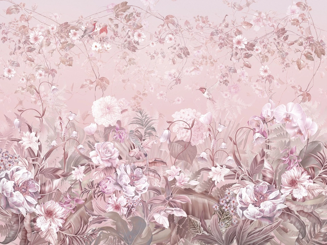 Фотообои и фрески на стену - цветы, птицы, розовые, листья, сад