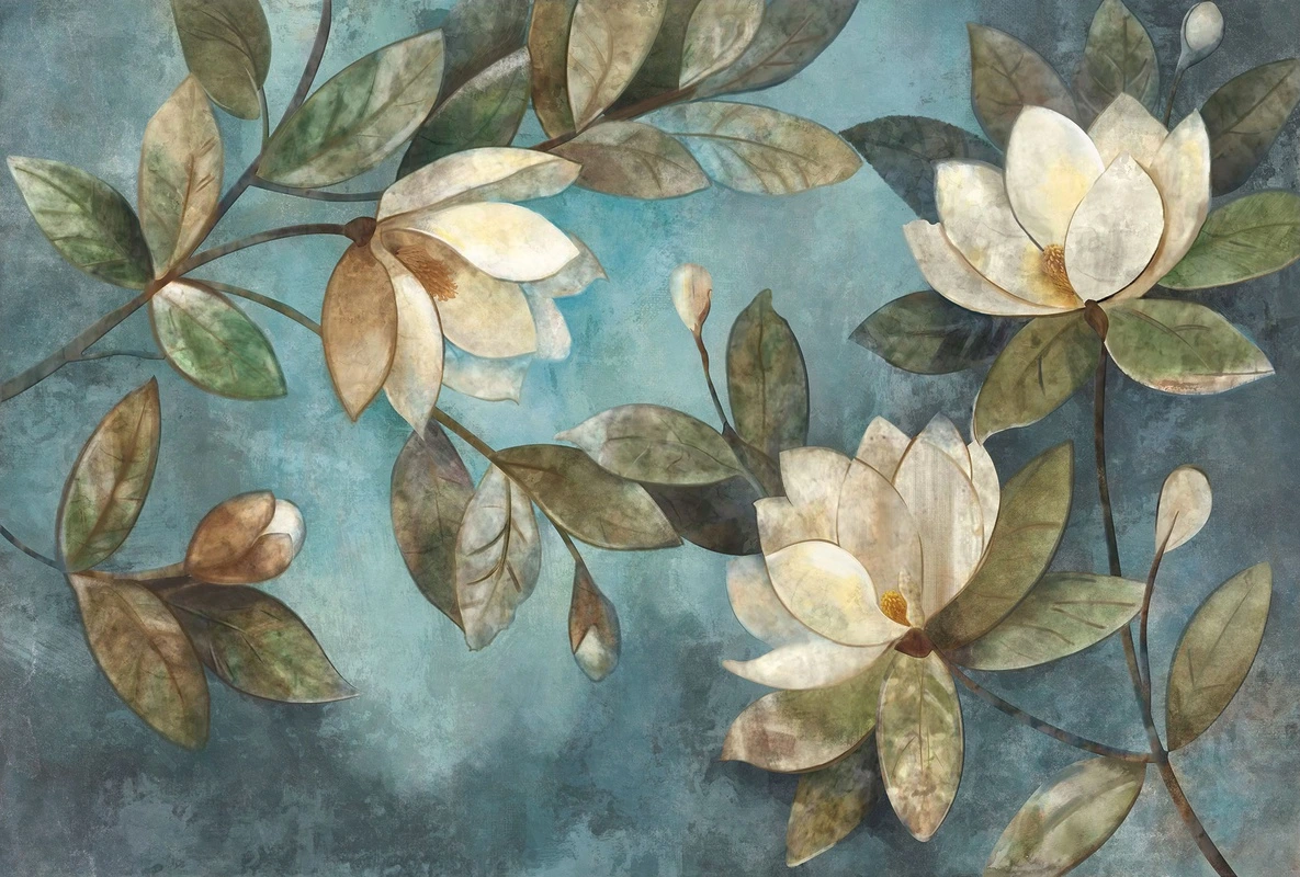 Фотообои на стену - магнолии, белые, зелёные, бирюзовые, цветы, листья, акварель, крупные бутоны